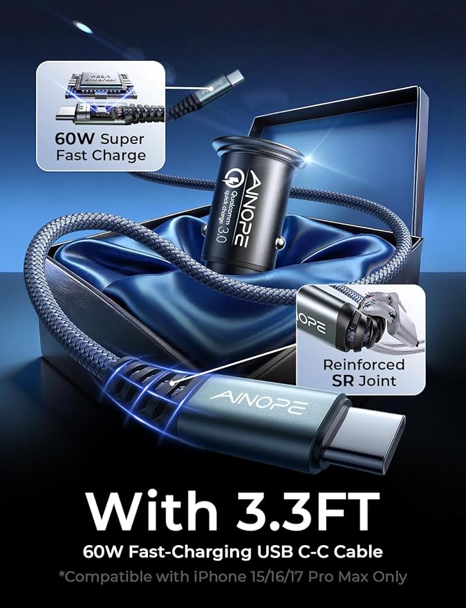 AINOPE 67.5W Car Charger USB C Fast Charge for iPhone 17 Pro Max,PD 45W USB C Car Charger Fast Charging【Mini&Metal】Cigarette Lighter Adapter USB-C Charger for Samsung S26 S25 for iPhone16 15 Mother's