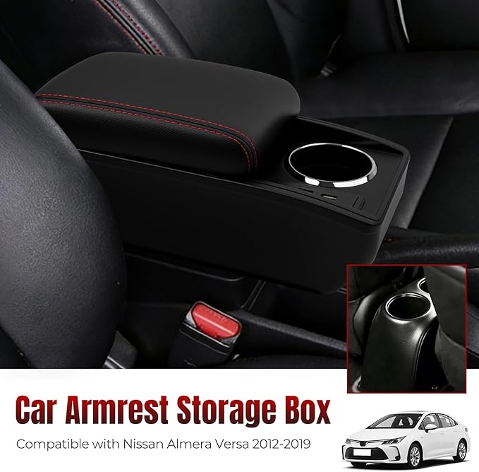 Car Armrest Storage Box Compatible with Nissan Almera Versa 2012-2019 Double Layer with 6 Ports and Cup Holder Car Interior Accessories Red Thread