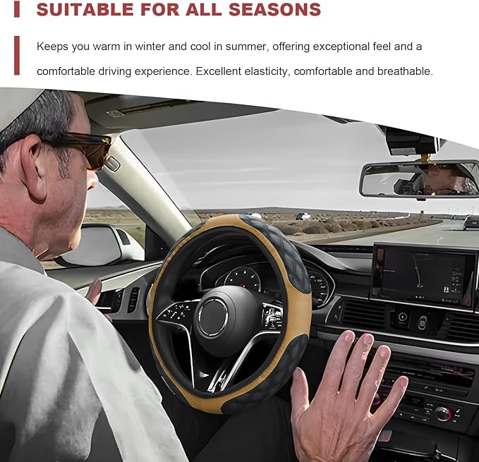 Car Steering Wheel Cover, 15 Inch Elastic Comfortable Auto Steering Wheel Protector, Anti-Slip Leather Wheel Cover Fashionable Interior Accessories for Most Cars Trucks SUVs (Beige)