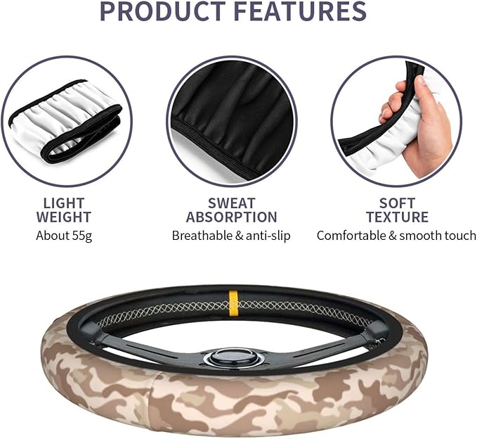 Brown Camo Steering Wheel Cover - Camouflage Steering Wheel Cover Anti-Slip Breathable Universal for 15 Inch Car with 2 Pieces Car Coasters Suitable for Men Women