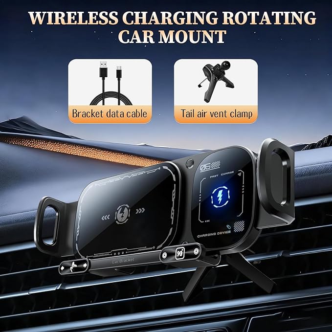 FunApricity Wireless Charging Rotating Car Mount,High Intelligent 2 in 1 Auto Rotating Phone Holder,Car Charger Fast Charging, One-Click Auto-Rotating & Clamping for Smartphone/Pad/Foldable Phone