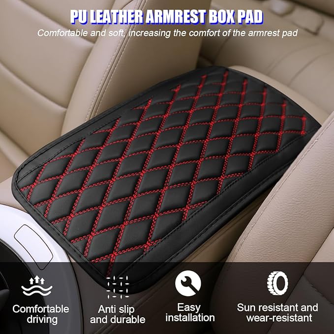 Car Center Console Cover, Scratch-Resistant Leather Vehicle Armrest Seat Storage Box Protector Cushion, Comfortable Automotive Interior Armrest Pad Mat, Universal Fit (Black/Red)