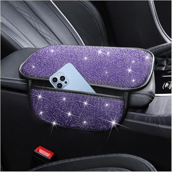 Bling Car Center Console Cover, Crystal Rhinestone Vehicle Armrest Cover Cushion with 2 Storage Bags for Women Girls, Diamond Auto Storage Box Protector Pad, Universal Fit (Purple)