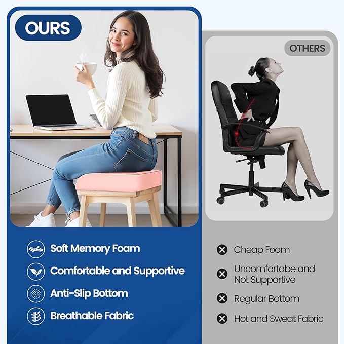 Seat Cushion for Tailbone Pain Relief, Office Chair Cushion, Memory Foam Large Chair Cushion with Non-Slip Cover for Soft Support at Office Chair, Car Seat, Airplane Pink/2X-Large