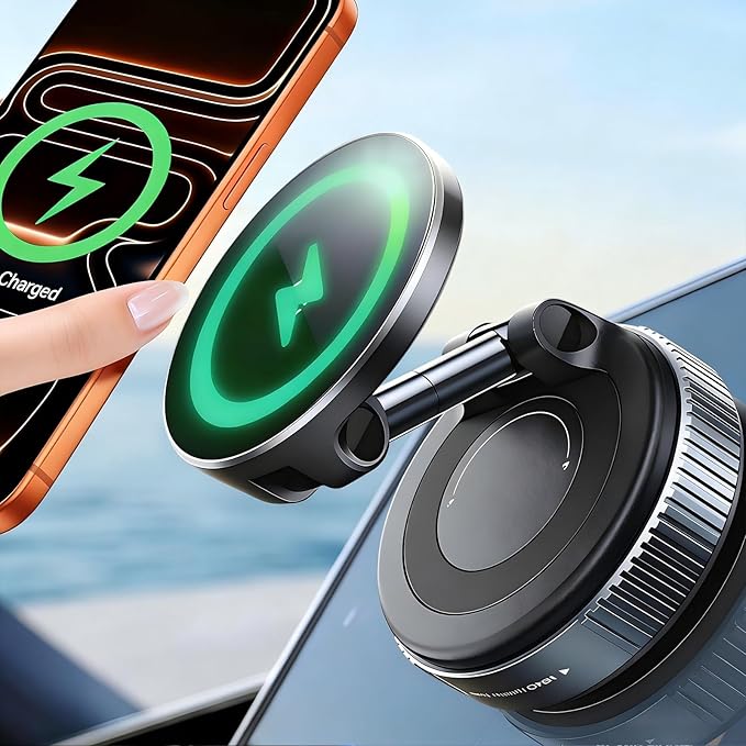 2026 Upgraded for Magsafe Car Mount Charger, 15W Fast Wireless Charging Suction Cup Phone Mount, Magnetic Phone Holder for Dashboard/Windshield, Compatible with iPhone 12-17 & All Phones