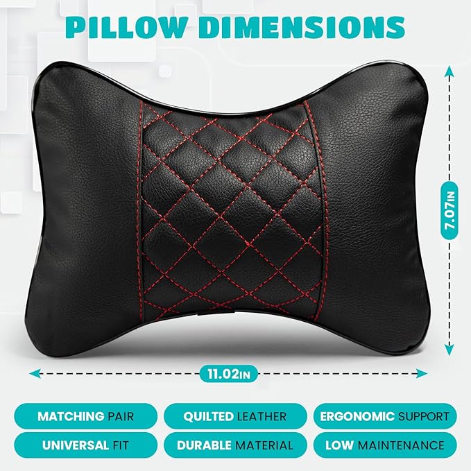 Set of 2 Quilted Faux Leather Car Headrest Pillow, Black Case/Black Threading, Ergonomic Neck Support for Comfortable Driving (Tan Base/Beige Thread)