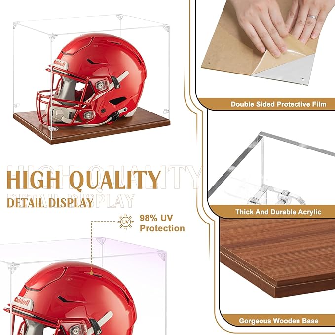 GYaozii Mini Helmet Display Case, UV Protection Thickened Clear Acrylic Souvenirs and Collectibles Box, 1/2 Football Baseball Helmet Showcase with Solid Wood Base for Sports Enthusiast