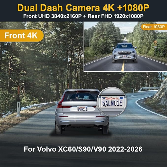 Fitcamx Front 4K+Rear 1080P Dash Cam Adapts for Volvo XC60 V90 S90 2022-2026 B5 B6 T8 (Model B), OEM Style, Dual HD Video, Loop Recording, Built-in WiFi & APP, G-Sensor, Easy to Set, 128GB Card