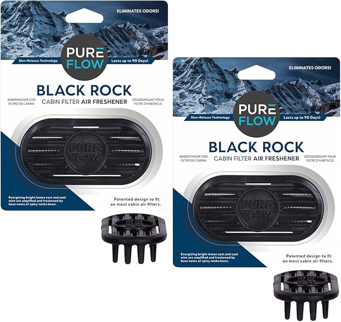 PUREFLOW Cabin Filter Air Freshener with Odor Eliminator - Fits on Most Car, Truck, and SUV Cabin Air Filters - Black Rock (Pack of 2)