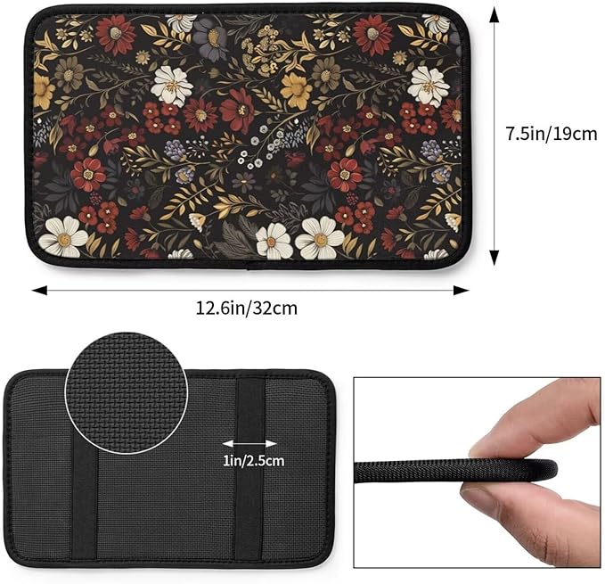 Center Console Covers for Cars Flower Pink Red Floral Boho Arm Rest Cover Daisy Black Retro Car Seat Armrest Pad Covers Middle Console Cover Hippie Boho Brown Car Accessories