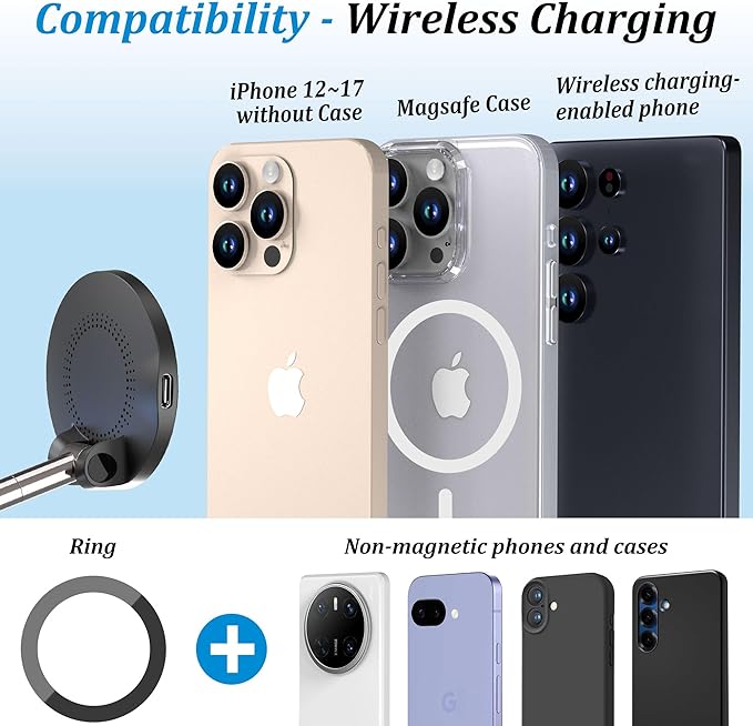 PlusAcc Vacuum Magnetic Phone Holder for Car, Suction Cup Phone Mount for MagSafe, 360°Rotatable Strong Magnet Stand for iPhone 16/15/14/13 in Smooth Surface (Charging)