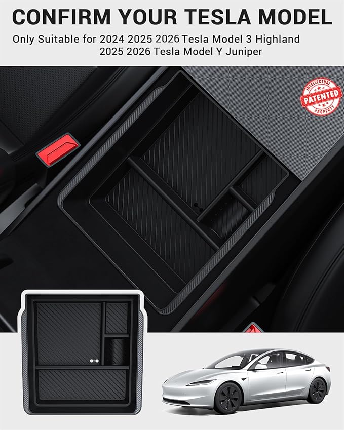 BASENOR 2026 Tesla Model Y Model 3 Armrest Storage Box, Center Console Organizer (Carbon Edition) for Tesla 3 Highland 2024 2025 2026 Model Y 2025 2026 Juniper (Standard/Premium/Performance)