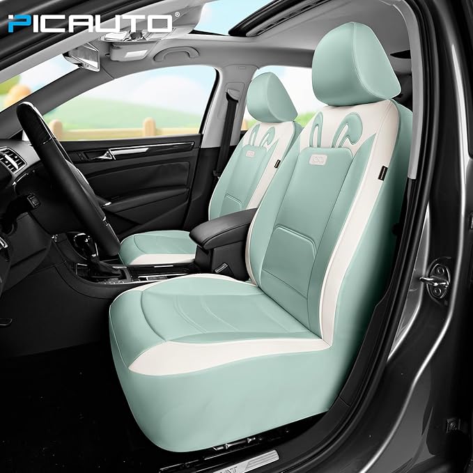 PIC AUTO Car Seat Covers, Cute Rabbit Premium Green Leather Seat Covers, Universal Fit Front Seat Covers for Cars, Trucks, SUVs, Soft & Wear-Resistant Auto Interior Protection with Airbag-Compatible