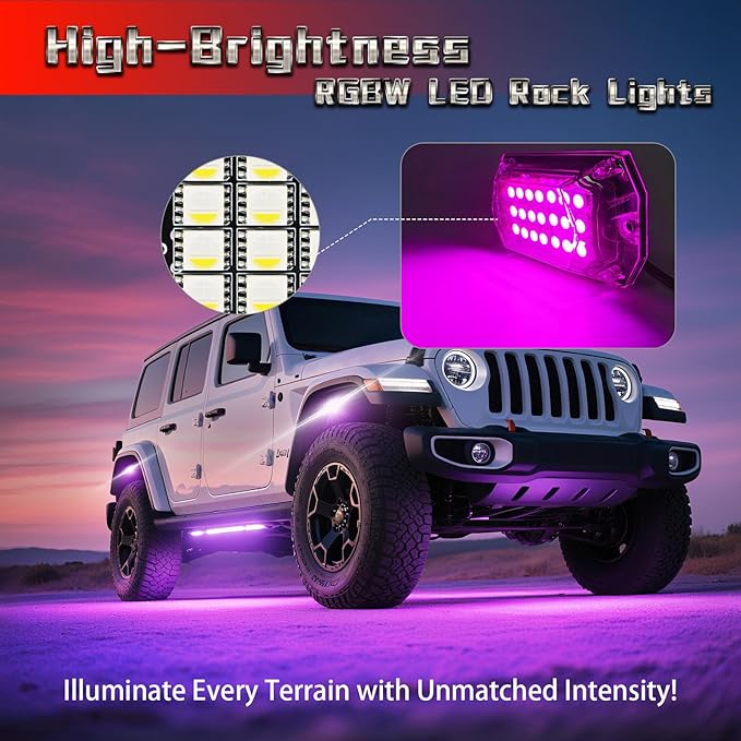 6 Pods Full Angle RGBW LED Rock Lights for Jeep ATV UTV RZR SXS Truck Offroad,Waterproof Multicolor Neon Underglow Kit with APP/RF Remote, 12V Pure White Underbody Lights