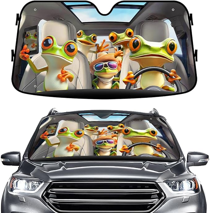 GENANY Cute Frog Family Windshield Sun Shade for Car SUV Truck (55x30 Inches), Tree Frog Sun Shade Windshield for Windows, Xmas Auto Gift, Spring Car Decor
