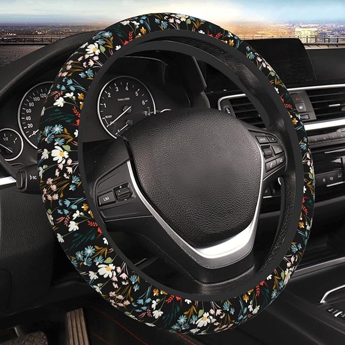 Chic Wildflowers Steering Wheel Cover for Men Women Universal Car Accessories 15 Inch Neoprene Auto Interior Decor