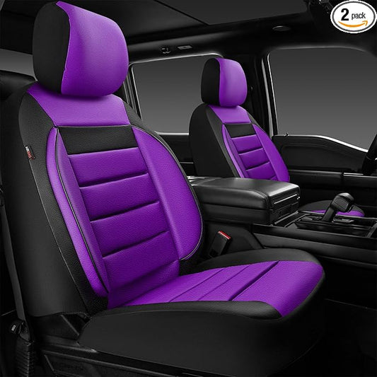CAR PASS Leather Car Seat Covers Front Seats Only, Universal Fit 3D Foam Support Car Seat Covers for Trucks Vans SUVs Comfortable Automotive Interior Airbag Compatible 2 Pieces (Black Purple