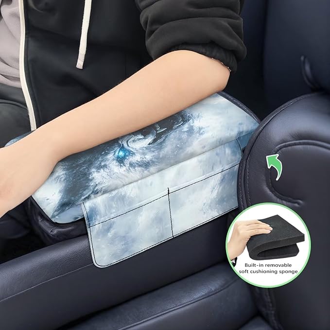 Universal Center Console Armrest Wolf Print Soft Armrest Pad Protective Cover Fit for Most Vehicle,SUV,Truck Car Accessories for Women Men