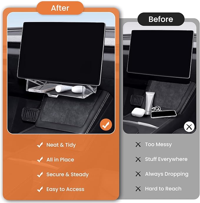Under Screen Storage Box for Tesla Model Y Juniper 2025 26, Magnetic Hideable Center Console Organizer Tray for Tesla Model 3 Highland 2024 25, with Anti-Slip Silicone Pad, New Model Y 3 Accessories