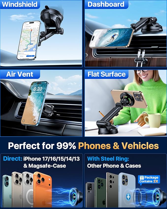YRU [2026 Military-Grade] for Magsafe Car Mount 90+LBS Strong Suction 360° Adjustable Magnetic Phone Holder for Car Dashboard Windshield Vent, Cradle for iPhone 17 16 15 14 13 12 Samsung, Dark Blue