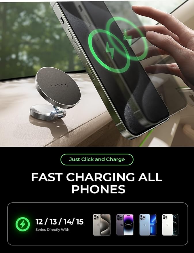 LISEN for Magsafe Car Charger Dashboard, 360° Rotatable Mag Safe Charger Car Mount iPhone 16 Pro Max, Ultra Magnetic Wireless Car Charger for Car Mount for iPhone 15 14 Pro Max, Black