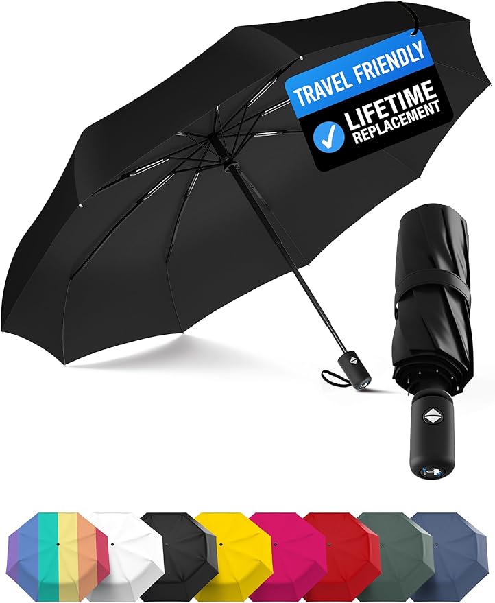 Rain-Mate Windproof Compact Umbrellas for Rain - Strong Reinforced Fiberglass Rib Design & Auto Open & Close - Portable Folding Travel Umbrella - Lightweight & Packable for Women & Men, Easy Collapse
