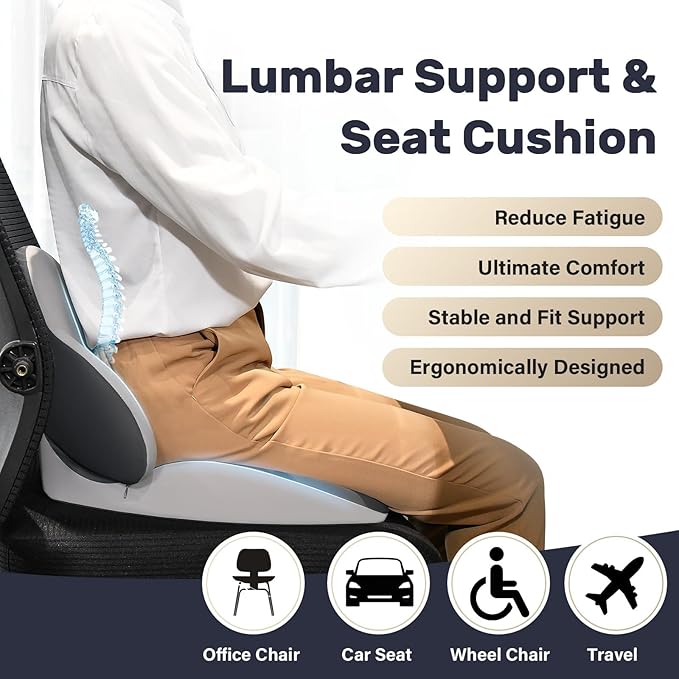 Coverado Car Seat Cushion and Lumbar Support Pillow, Memory Foam Ergonomic Back Support Driving Seat Cushion for Sciatica, Tailbone, Back Pain, Non-Slip Washable Cushion for Car, Driver, Office