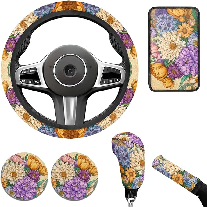Yellow Chrysanthemum Print Car Steering Wheel Cover Sets Cup Holder Handbrake Gear Cover Armrest Cover Car Interior Accessories -6pcs
