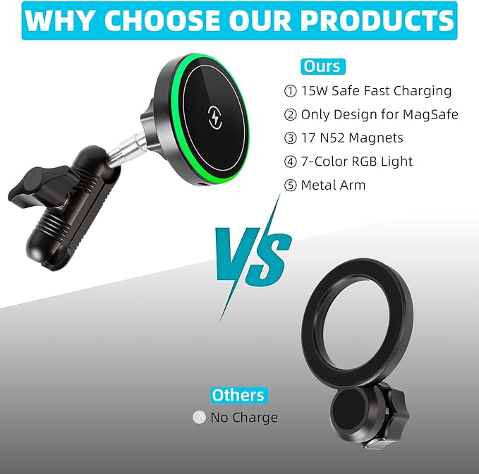 15W Magnetic Wireless Charging Phone Mount with Aluminum Double Socket Arm & 17mm/0.67" Ball -Replacement Base for Car Air Vent, Dashboard, Windshield Holder, Compatible with MagSafe iPhone
