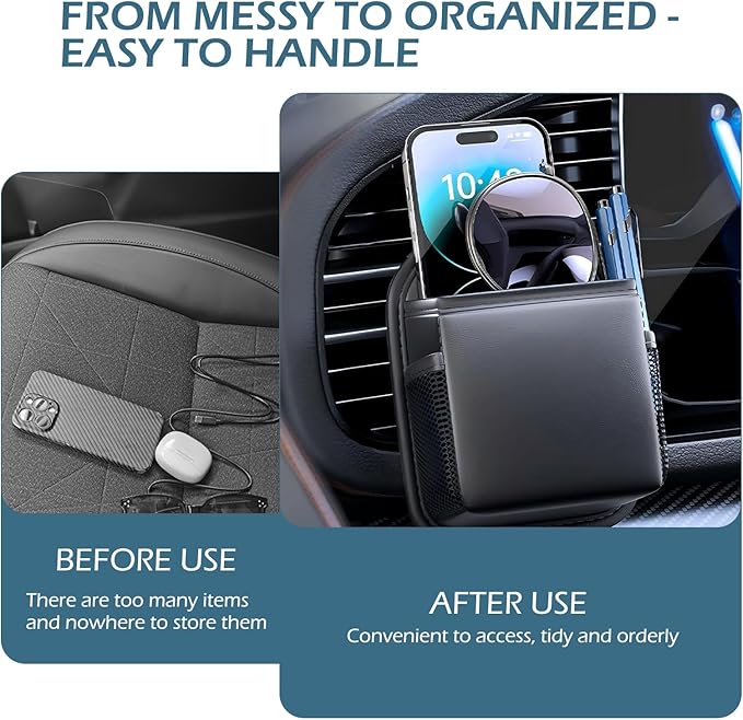 Car Air Vent Storage Bag Organizer Pocket, Multi-functional Air Conditioner Vent Organizer for ID Cards Glasses Phones Pens Keys, Keeps Your Car Neat & Tidy for Stress-free Journey (Black)
