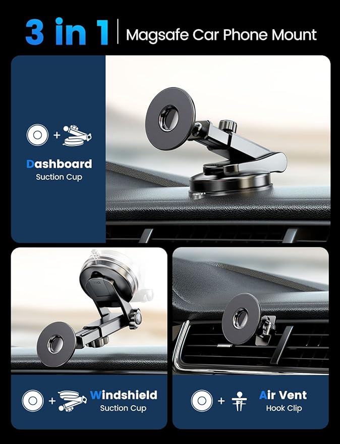 eSamcore for Magsafe Car Mount, Retractable Magnetic Car Mount for Dashboard & Windshield Vacuum Suction Cup Cell Phone Holder for iPhone 17 Pro Max 16 15 14 13 12 and Magsafe Case