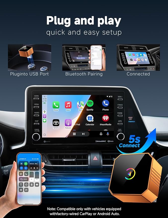 Aimoon 2026 Upgraded Wireless CarPlay Adapter for iPhone＆Android, Car Play Mini Wired to Wireless Adapter for CarPlay ＆Android Auto Plug and Play Stable Connection & No Latency for iPhone iOS 10+
