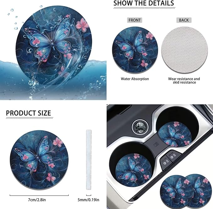 Blue Butterfly Print 6pcs Car Steering Wheel Cover Set Flower Cup Coaster Handbrake Gear Cover Armreat Cushion Car Interior Decor Protector Fit for SUV Truck Sedan