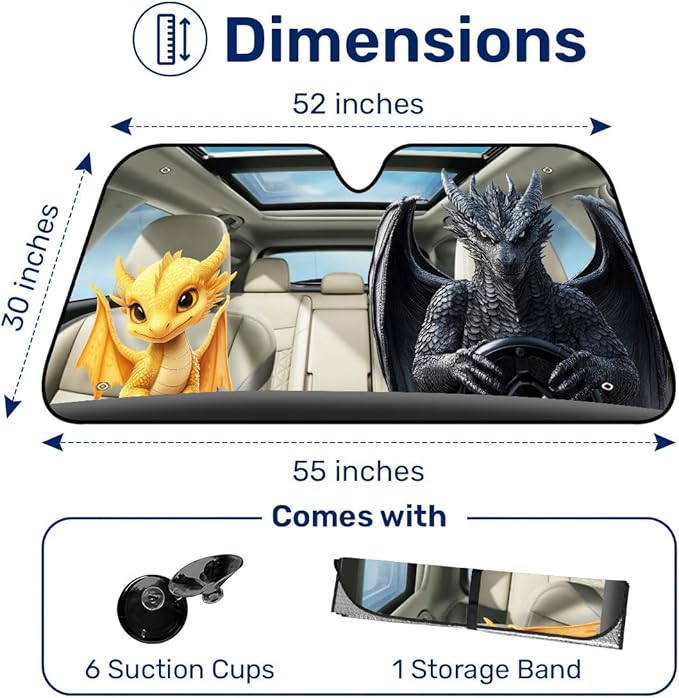 GENANY Dragon Wings Windshield Sun Shade for Car SUV Truck (55x30 Inches), Sun Shade Windshield, Shades for Front Windows, Protector Blocks UV, Car Decor