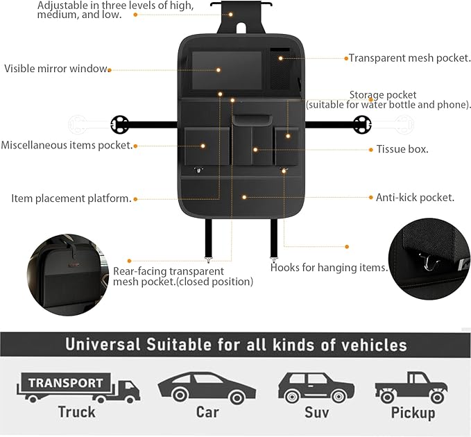 XDV Car Seat Organizers,Multi-functional Back Seat Protectors, Storage Pouches, and Tray Holders (for Cars, Kids, Seat Back and Rear Seats) (Plain Black, 1 Pcs)