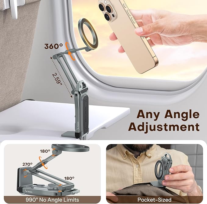 OMOTON TP02 360°Rotating for MagSafe Tripod Mount, Adjustable Aluminum Magnetic Phone Tripod for iPhone 17/16/15/14 Pro Max Air, Foldable Cell Phone Stand Fits Vlog, Gym, Travel Essentials, Gray