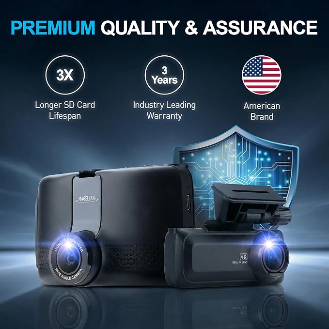 Magellan Dash Cam Front and Rear, 4K+4K Dual Dash Camera for Cars, STARVIS 2 Night Vision, Free 24H Parking Mode Hardwire Kit, Built-in Wi-Fi, GPS, 128GB SD Card Included (DR52)