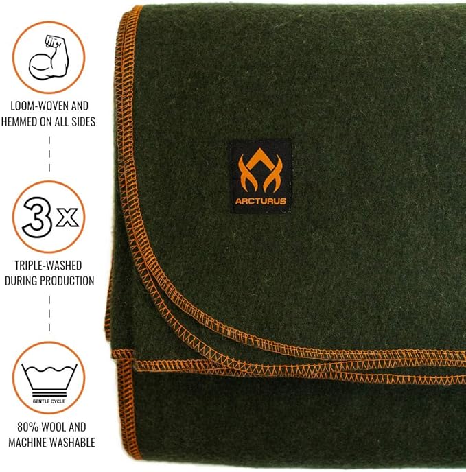 Arcturus Military Wool Blanket - Warm, Thick, Washable - Great for Outdoors, Camping, Stadium Blanket, Picnics, Travel - Car & Bushcraft Survival Kits