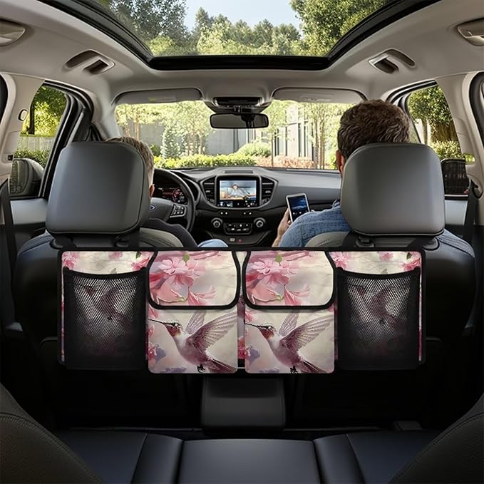 Pink Hummingbird Print Car Trunk Organizer, Foldable Auto Back Seat Storage Bag with 4 Pockets Universal Hanging Car Trunk Accessories for Most SUVs Sedans Trucks