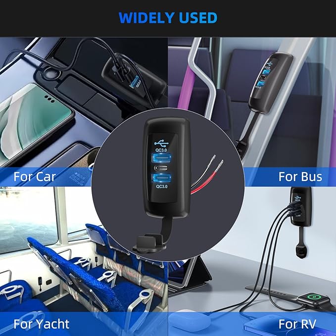 3 Ports 12V RV USB Outlet 72W, Type-C PD3.0 Quick Charge & Dual USB-A QC3.0 Panel Wall Surface Mount, Automotive Car Multi-Port Socket Charger Adapter for RV Marine Boat Bus Camper ATV Truck