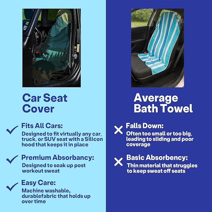 2 Pack Car Seat Towel Covers, Sweat Protector for Front Seats, Premium Thickened Microfiber with Black Bear Wildlife Forest, Breathable and Quick Dry, Slip-on Headrest Pocket for Gym, Beach, Running