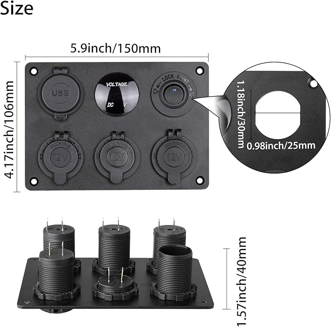 Linkstyle 6 in 1 Charger Socket Panel, 3 Cigarette Lighter Splitter with Dual USB Charger Ports & LED Voltmeter & Rocker Switch for 12V/24V Car RV Boat