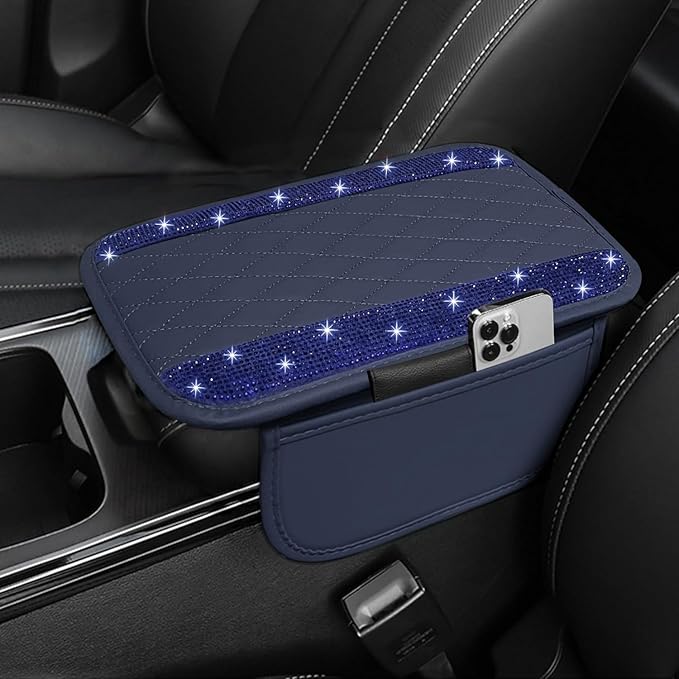 NBTEPEM Bling Blue Car Center Console Cover, Leather Car Arm Rest Cover with 2 Storage Bags, Universal Auto Armrest Protector Storage Box, Bling Accessories Interior for Most Vehicles