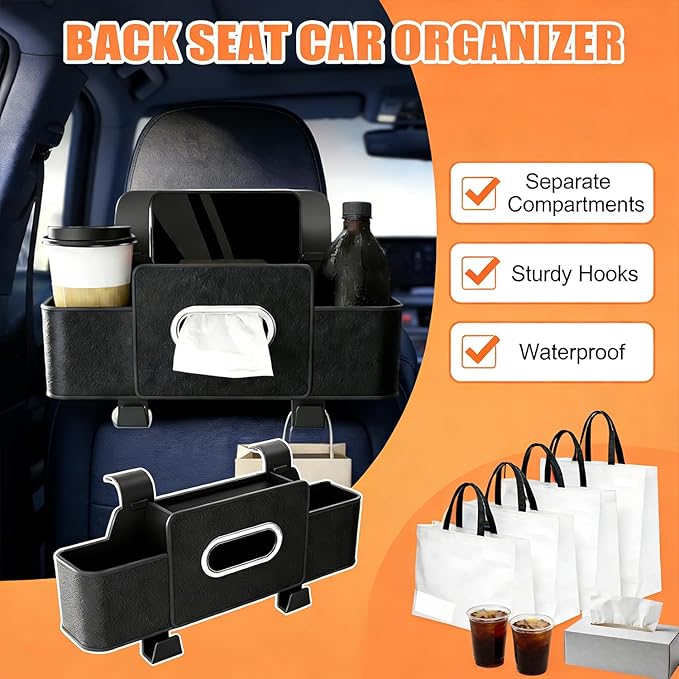 UKM 3-in-1 Back Seat Car Organizer, Car Backseat Storage Box with Cup Holder, Tissue Box&Hooks, Multifunctional Waterproof Storage for Hold Phones Drinks Handbags (White)