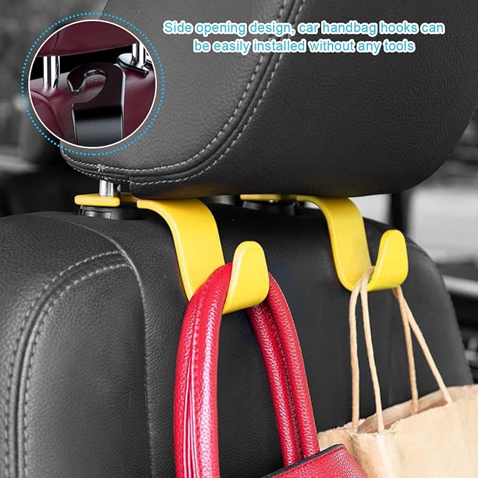 Ziciner Car Seat Headrest Hooks, 4 Pack Auto Durable Backseat Hangers Storage Organizer, Universal Vehicle Interior Holder Accessories for Purse, Grocery Bags, Handbag, Cloths ect (Yellow)