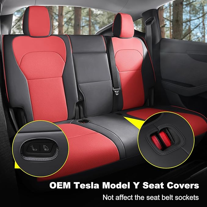Nappa Leather Car Seat Covers Compatible with 2025–2026 Tesla Model Y Juniper, Bright Red & Black Two-Tone Design, Custom Fit Full Set, Airbag Compatible Car Interior Cushion Covers