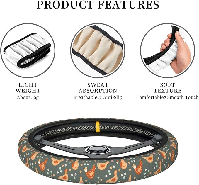 Chicken Cartoon Flowers Steering Wheel Cover for Women Elastic Rubber Steering Wheel Universal 15 Inch Fit for Cars, Auto, SUVs