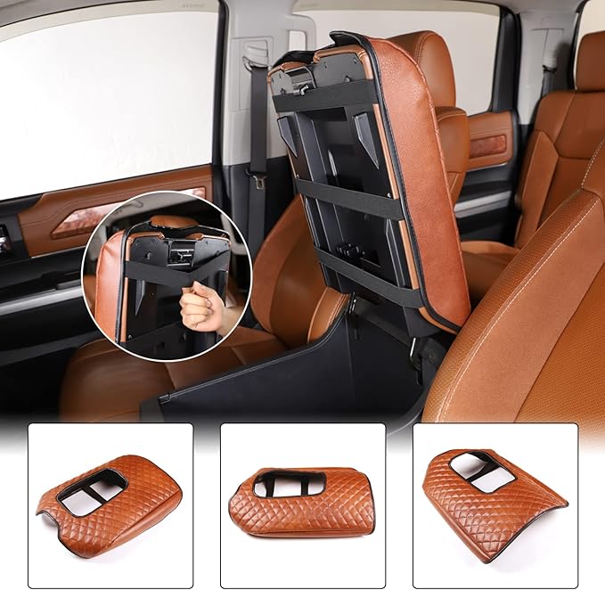 Aunginsy Leather Center Console Armrest Cover Compatible with Toyota Tundra 2014-2021, Car Armrest Pad Seat Box Cover Cushion Lid Anti-Scratch Protector Waterproof Plaid Brown Interior Accessories