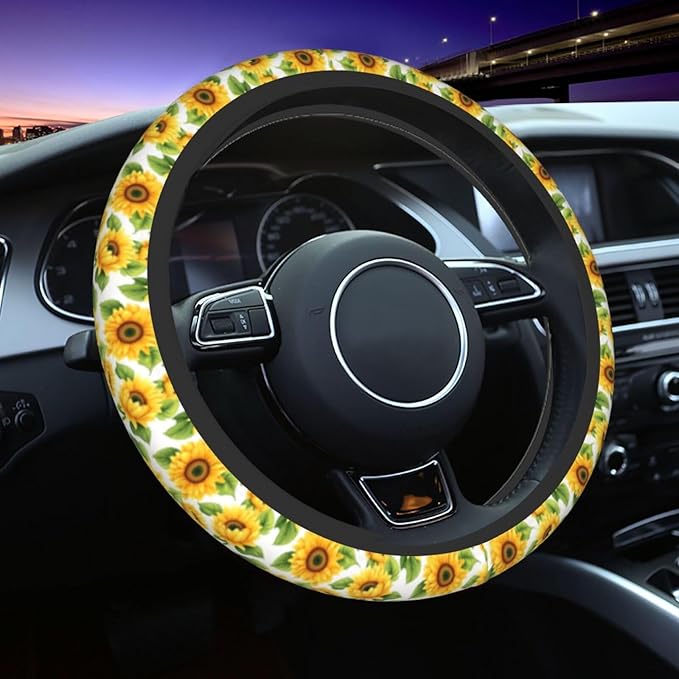 Sunflower Cute Steering Wheel Cover Non-Slip Breathable Sweat-Absorbent Suitable for SUV Van Truck Car Universal Protection Accessories 15 Inch Suitable for Women Men