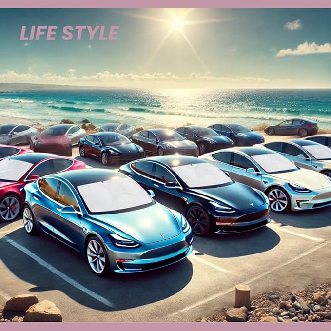 Windshield Sun Shade for Tesla S | Certified 99.87% UVB & 99.02% UVA Protection Car Sun Shade. Award Winning Sunshade for Car Windshield with Patented Technology. Car Window Shades by Kinder Fluff